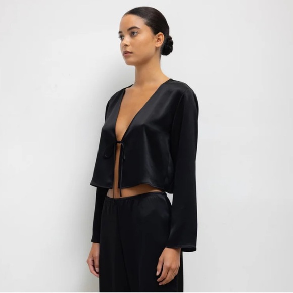 Leset Barb Satin Long Sleeve Open Tie Cropped Crop Blouse Top Black - Picture 3 of 11